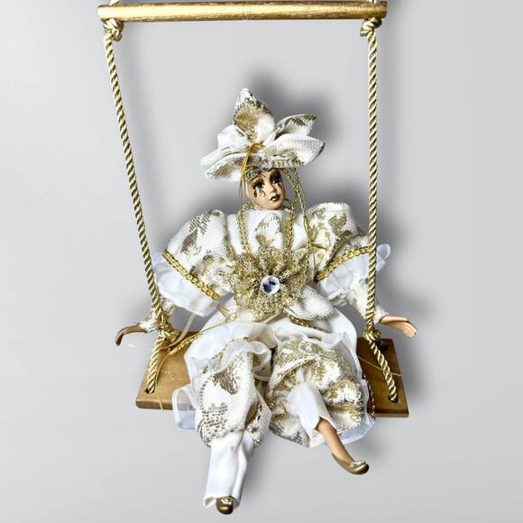 Vintage Harlequin Venetian Porcelain Hand Painted Ornate Doll On Swing - Picture 1 of 4